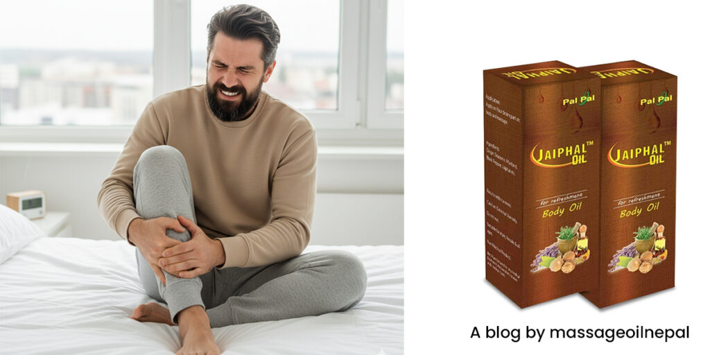 Man suffering from knee joint pain before applying Palpal Jaiphal Massage Oil.